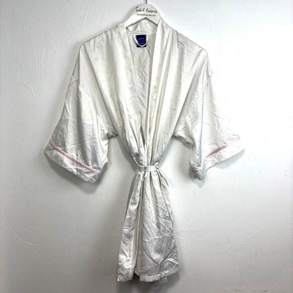 Bridal Satin Gown Mini Robe White & Pink Trim Tie Front "Mrs" On Back Wedding M - Picture 1 of 5